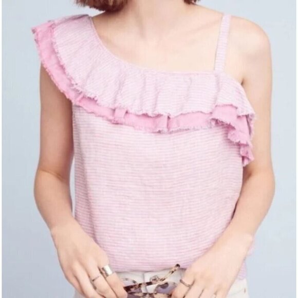 Anthropologie Holding Horses Top Womens Medium Pink Striped One Shoulder Linen - Picture 1 of 9